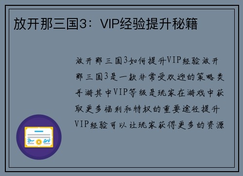 放开那三国3：VIP经验提升秘籍