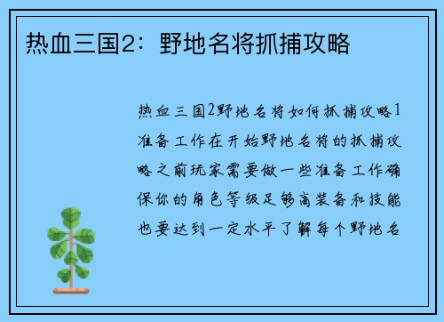 热血三国2：野地名将抓捕攻略